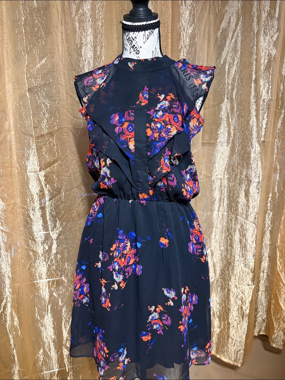 Esley Black Dress with Blue, Purple and Orange Floral Accents
